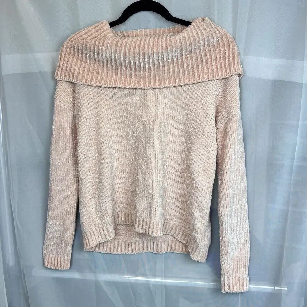 NWT michael michael kors baby pink chenille foldover neck sweater sz Small